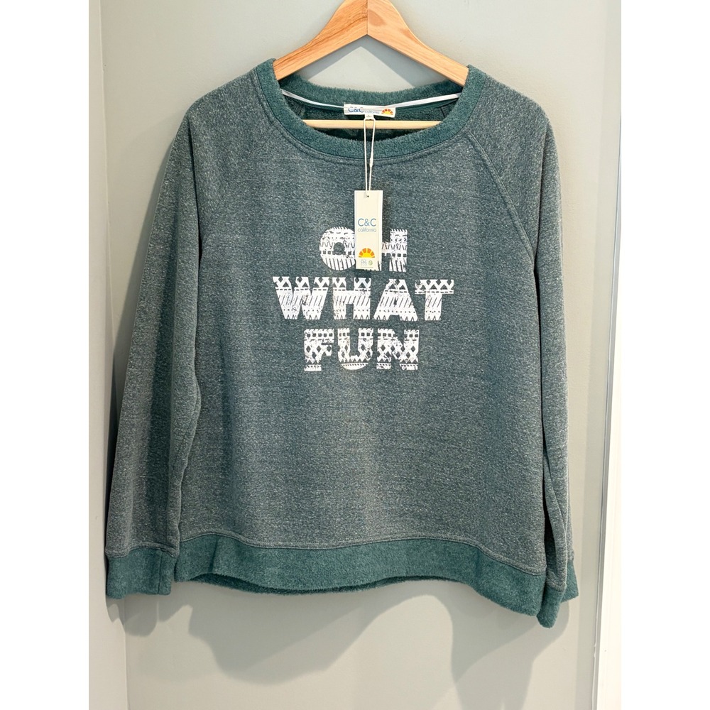 C&C California Oh What Fun Holiday Sweatshirt‎ Sea Moss Green Large NWT